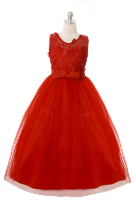Girls Dress Style 1051 - Red Elegant Sleeveless Dress with Flower Details